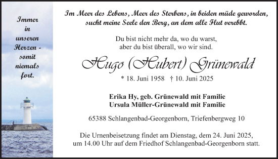 Traueranzeige von Hugo Grünewald von Licher Wochenblatt, Licher Wochenblatt