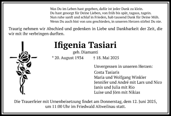 Traueranzeige von Ifigenia Tasiari von Usinger Anzeigenblatt