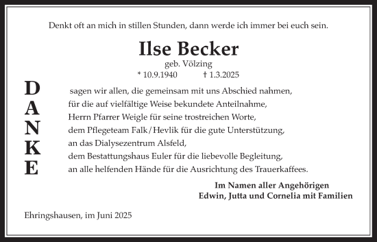 Traueranzeige von Ilse Becker von Oberhessische Zeitung