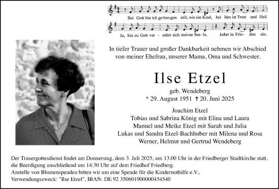 Traueranzeige von Ilse Etzel von Wetterauer Zeitung