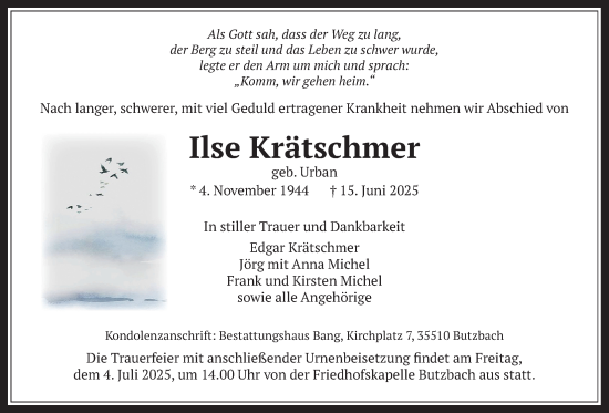 Traueranzeige von Ilse Krätschmer von Butzbacher Zeitung