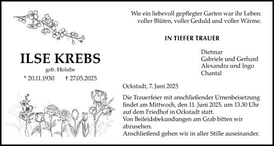 Traueranzeige von Ilse Krebs von Wetterauer Zeitung