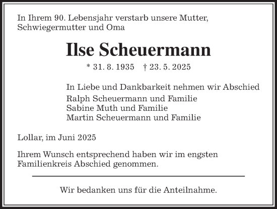 Traueranzeige von Ilse Scheuermann von Giessener Anzeiger