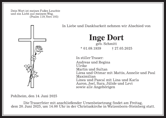 Traueranzeige von Inge Dort von Giessener Anzeiger, Giessener Allgemeine, Alsfelder Allgemeine
