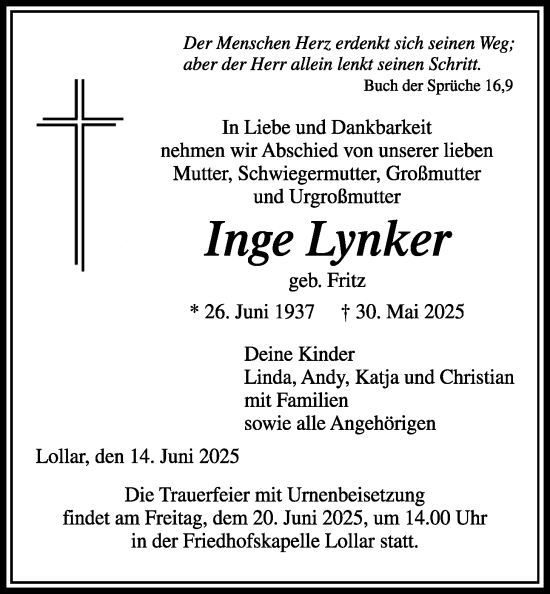Traueranzeige von Inge Lynker von Giessener Allgemeine, Alsfelder Allgemeine