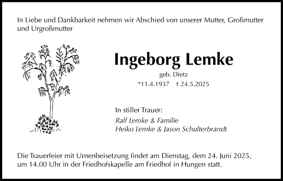 Traueranzeige von Ingeborg Lemke von Licher Wochenblatt