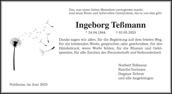 Traueranzeige von Ingeborg Teßmann von Pohlheimer Nachrichten