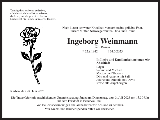 Traueranzeige von Ingeborg Weinmann von Wetterauer Zeitung