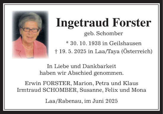 Traueranzeige von Ingetraud Forster von Rabenauer Zeitung