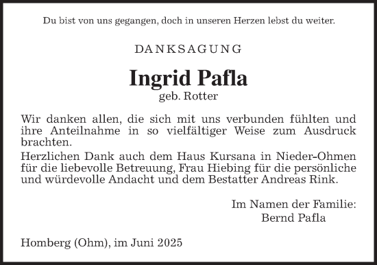 Traueranzeige von Ingrid Pafla von Alsfelder Allgemeine, Oberhessische Zeitung