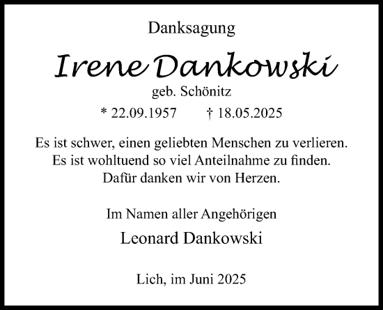 Traueranzeige von Irene Dankowski von Licher Wochenblatt