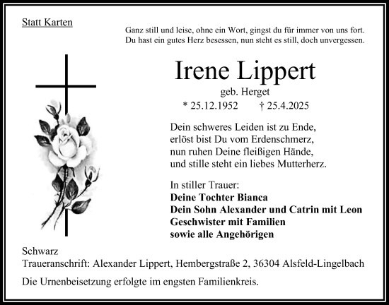 Traueranzeige von Irene Lippert 