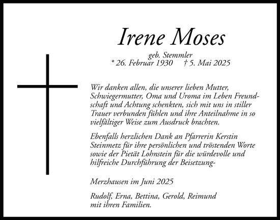 Traueranzeige von Irene Moses von Usinger Anzeigenblatt