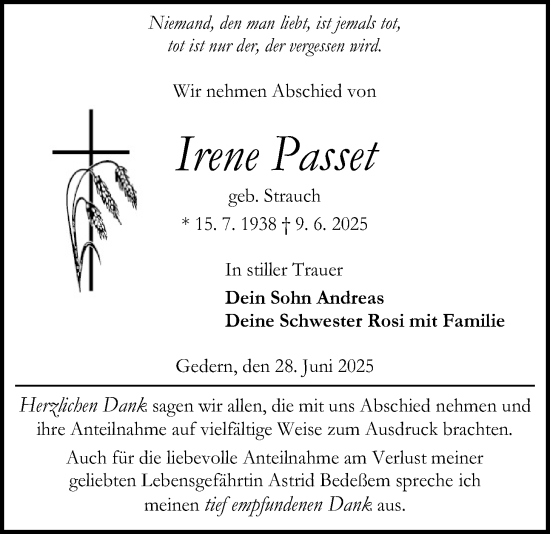 Traueranzeige von Irene Passet von Kreis-Anzeiger