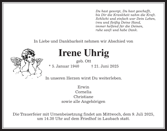 Traueranzeige von Irene Uhrig von Usinger Anzeiger, Usinger Anzeigenblatt
