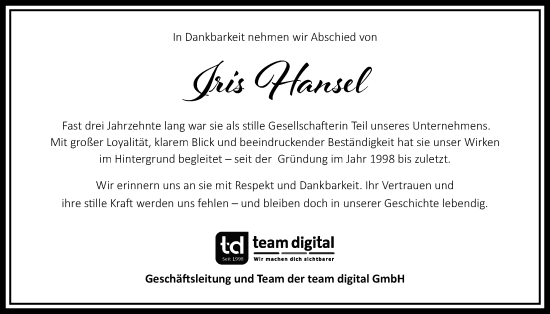 Traueranzeige von Iris Hansel von Lauterbacher Anzeiger, Oberhessische Zeitung