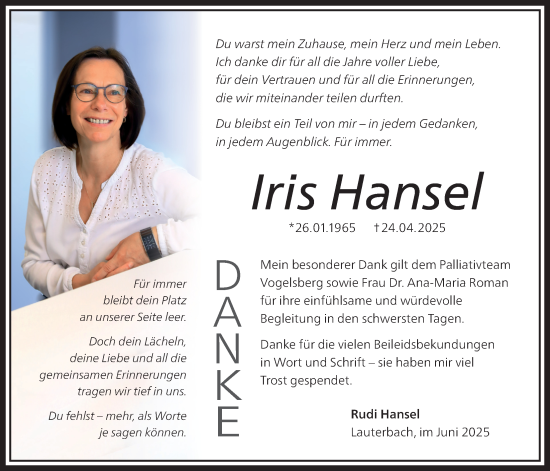 Traueranzeige von Iris Hansel von Lauterbacher Anzeiger, Oberhessische Zeitung
