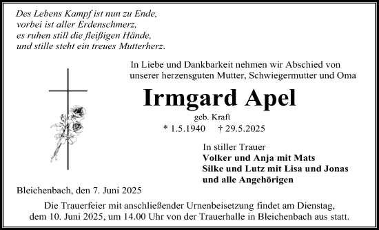Traueranzeige von Irmgard Apel von Kreis-Anzeiger
