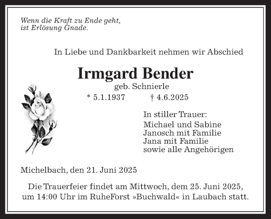 Traueranzeige von Irmgard Bender von Kreis-Anzeiger