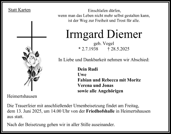 Traueranzeige von Irmgard Diemer von Oberhessische Zeitung