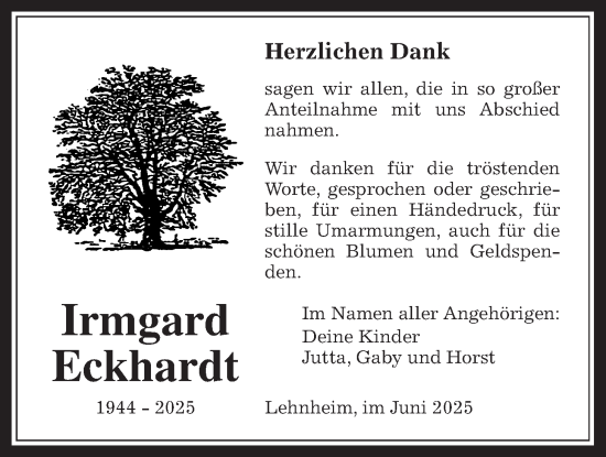 Traueranzeige von Irmgard Eckhardt von Giessener Allgemeine, Alsfelder Allgemeine