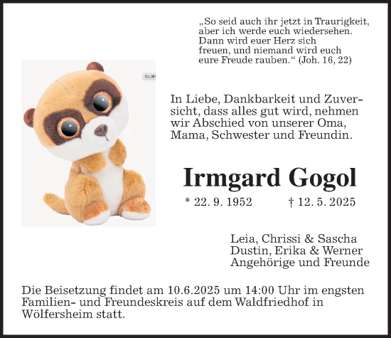 Traueranzeige von Irmgard Gogol von Wetterauer Zeitung