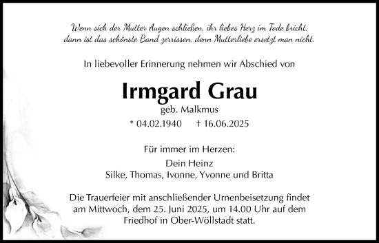 Traueranzeige von Irmgard Grau von Wetterauer Zeitung