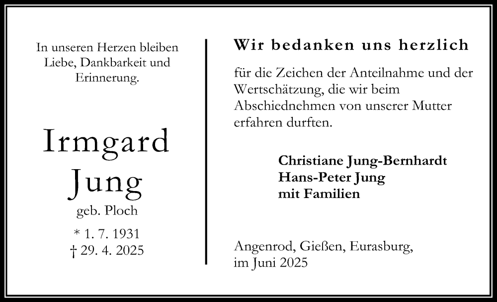  Traueranzeige für Irmgard Jung vom 21.06.2025 aus Oberhessische Zeitung