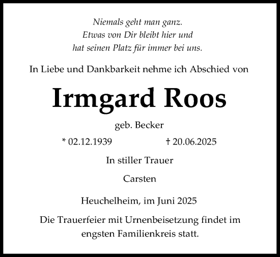 Traueranzeige von Irmgard Roos von Giessener Allgemeine, Alsfelder Allgemeine, Giessener Anzeiger