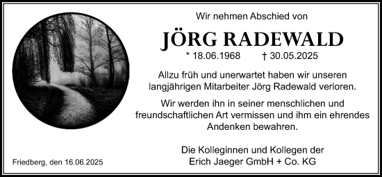Traueranzeige von Jörg Radewald von Wetterauer Zeitung, Butzbacher Zeitung