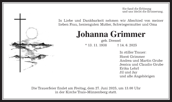 Traueranzeige von Johanna Grimmer von Butzbacher Zeitung