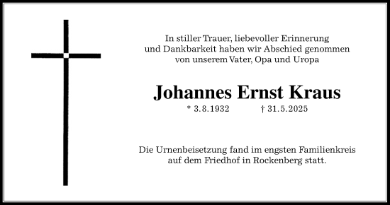 Traueranzeige von Johannes Ernst Kraus von Butzbacher Zeitung