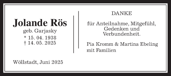 Traueranzeige von Jolande Rös von Wetterauer Zeitung