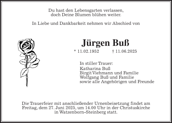 Traueranzeige von Jürgen Buß von Giessener Allgemeine, Alsfelder Allgemeine
