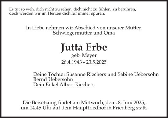 Traueranzeige von Jutta Erbe von Wetterauer Zeitung