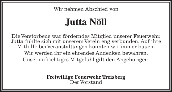 Traueranzeige von Jutta Nöll von Usinger Anzeigenblatt