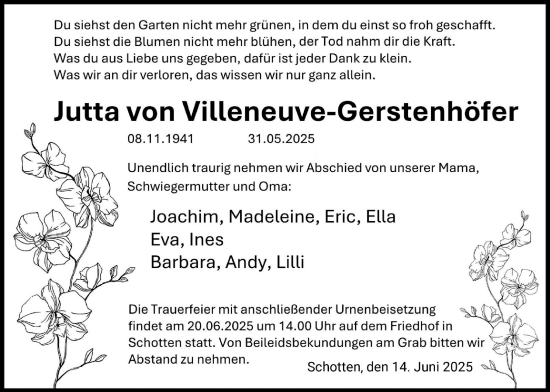 Traueranzeige von Jutta von Villeneuve-Gerstenhofer von Kreis-Anzeiger