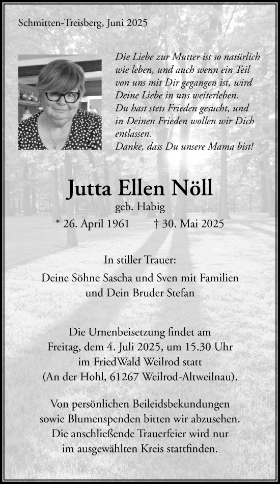 Traueranzeige von Jutta Ellen Nöll von Usinger Anzeigenblatt