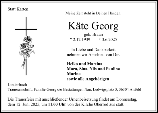 Traueranzeige von Käte Georg von Oberhessische Zeitung