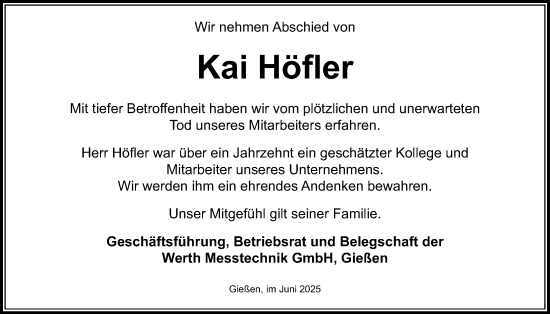 Traueranzeige von Kai Höfler von Giessener Anzeiger