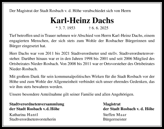 Traueranzeige von Karl-Heinz Dachs von Wetterauer Zeitung