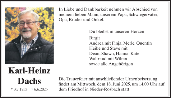 Traueranzeige von Karl-Heinz Dachs von Wetterauer Zeitung