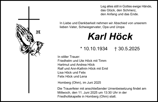 Traueranzeige von Karl Höck von Alsfelder Allgemeine, Oberhessische Zeitung