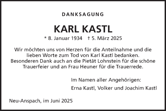 Traueranzeige von Karl Kastl von Usinger Anzeiger