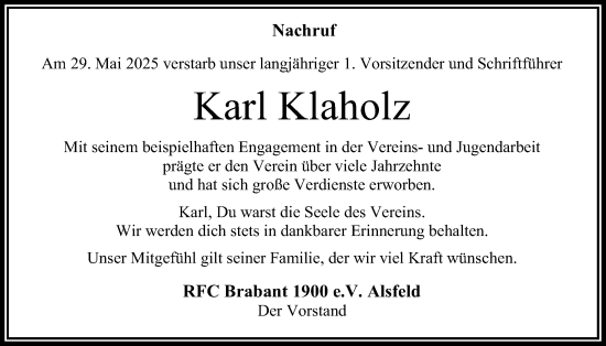 Traueranzeige von Karl Klaholz von Oberhessische Zeitung