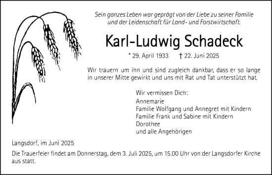 Traueranzeige von Karl-Ludwig Schadeck von Licher Wochenblatt
