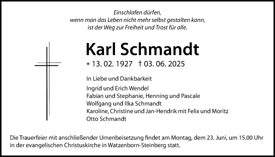 Traueranzeige von Karl Schmandt von Giessener Anzeiger, Giessener Allgemeine, Alsfelder Allgemeine