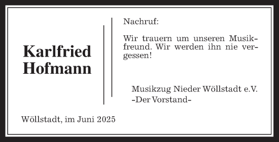 Traueranzeige von Karlfried Hofmann von Wetterauer Zeitung