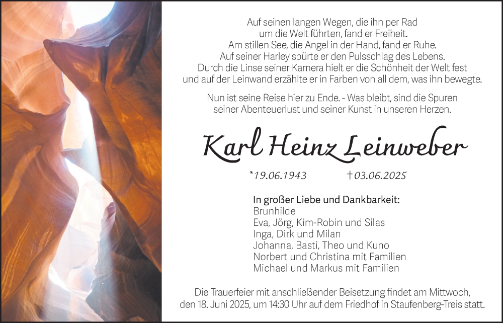 Traueranzeige für Karl Heinz Leinweber vom 14.06.2025 aus Giessener Allgemeine, Alsfelder Allgemeine