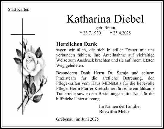 Traueranzeige von Katharina Diebel von Oberhessische Zeitung